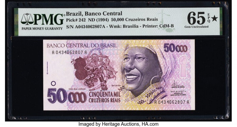 Brazil Banco Central Do Brasil 50,000 Cruzeiros Reais ND (1994) Pick 242 PMG Gem...