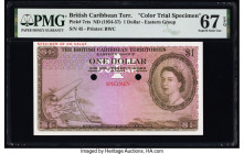 British Caribbean Territories Currency Board 1 Dollar ND (1954-57) Pick 7cts Color Trial Specimen PMG Superb Gem Unc 67 EPQ. Red Specimen overprints a...