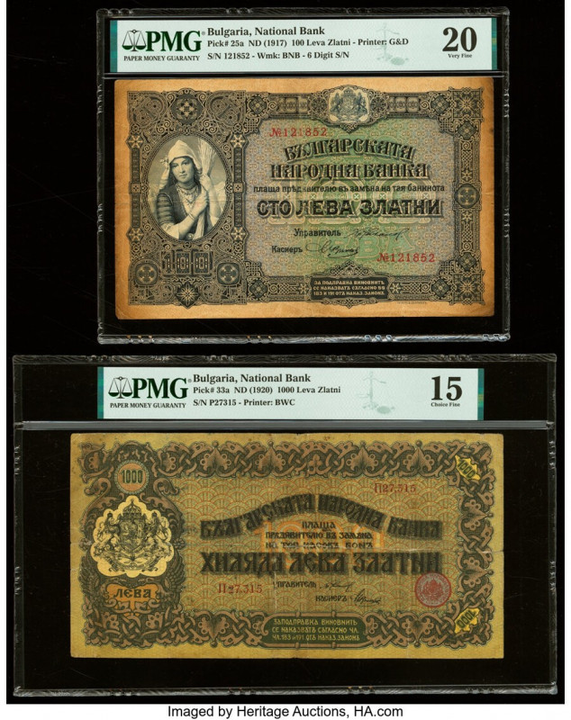 Bulgaria Bulgaria National Bank 100; 1000 Leva Zlatni ND (1917-1920) Pick 25a; 3...