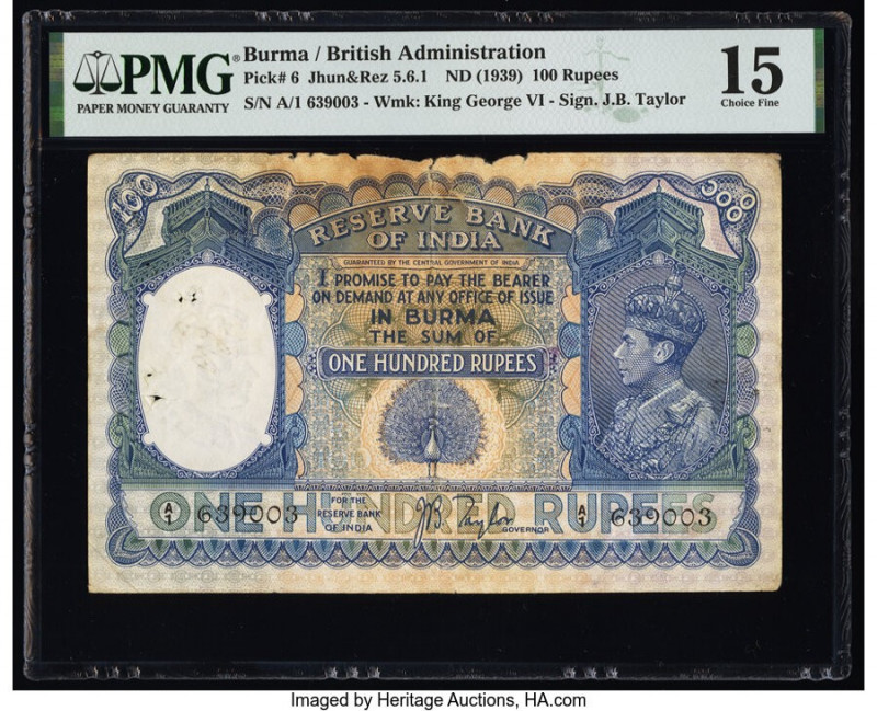 Burma Reserve Bank of India 100 Rupees ND (1939) Pick 6 Jhun5.6.1 PMG Choice Fin...