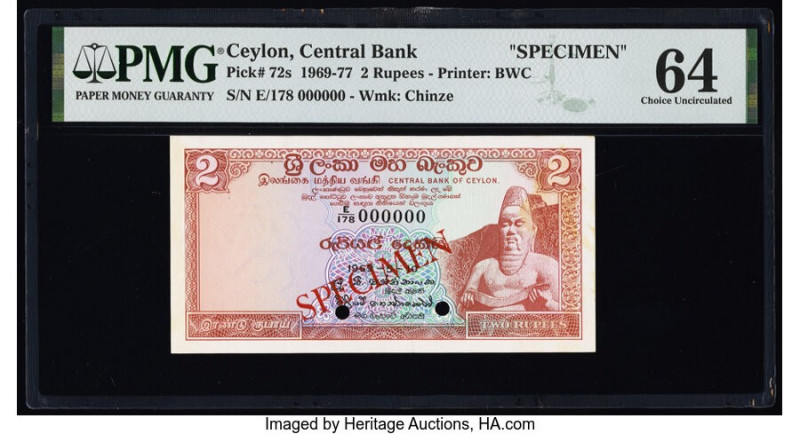 Ceylon Central Bank of Ceylon 2 Rupees 10.5.1969 Pick 72s Specimen PMG Choice Un...