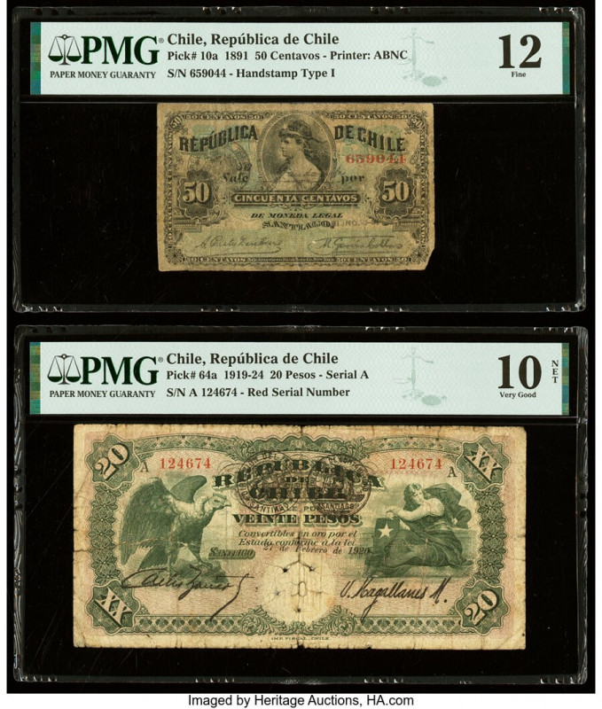 Chile Republica de Chile 50 Centavos; 20 Pesos 1891; 27.2.1920 Pick 10a; 64a Two...
