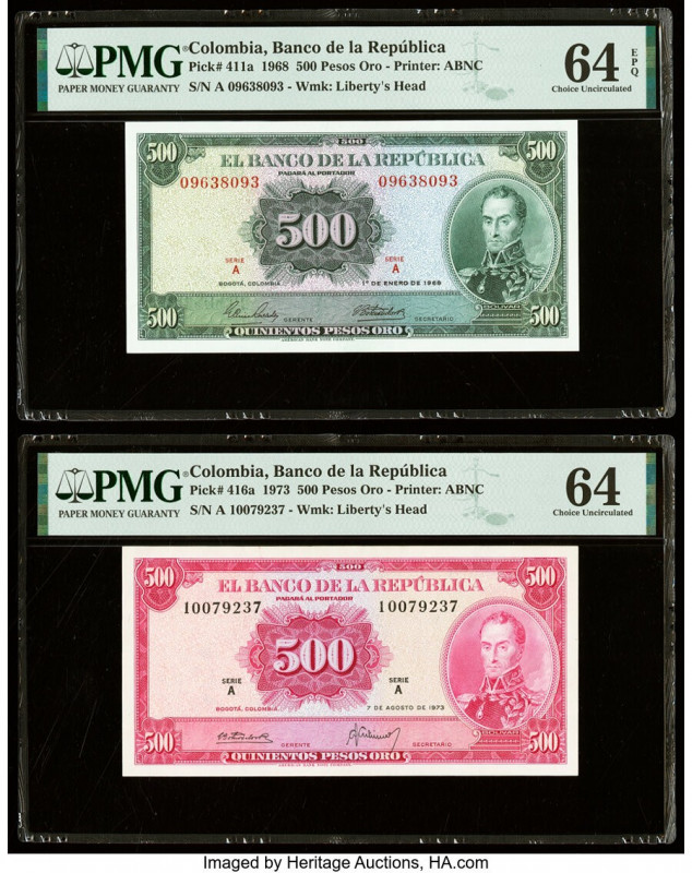 Colombia Banco de la Republica 500 Pesos Oro 1.1.1968; 7.8.1973 Pick 411a; 416a ...