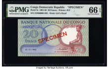 Congo Democratic Republic Banque Nationale du Congo 20 Francs 15.11.1961 Pick 4s Specimen PMG Gem Uncirculated 66 EPQ. Red Specimen overprints are pre...