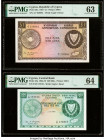Cyprus Republic of Cyprus 1 Pound; 500 Mils 1.12.1961; 1.9.1971 Pick 39a; 42a Two examples PMG Choice Uncirculated 63; PMG Choice Uncirculated 64. Pic...