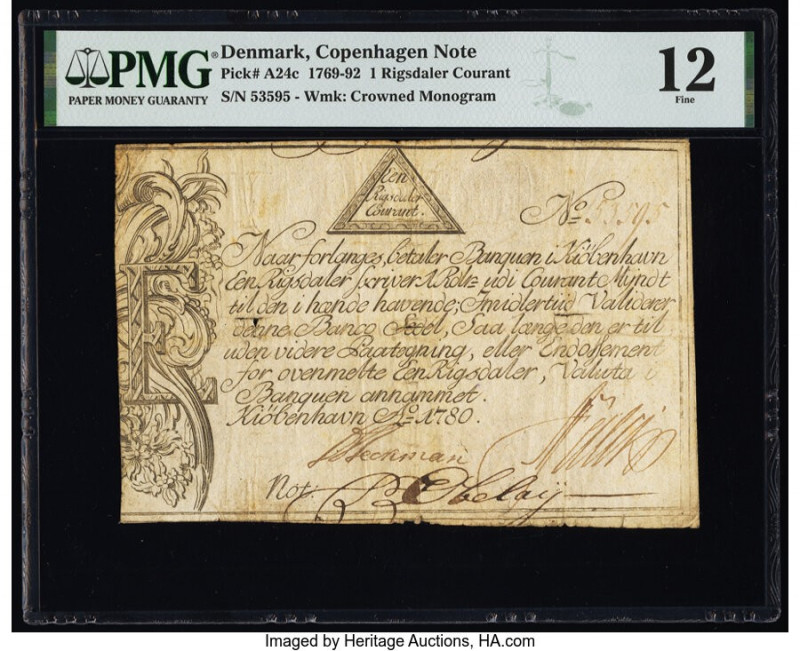 Denmark Copenhagen Notes, Exchange and Mortgage Bank 1 Rigsdaler Courant 1780 Pi...