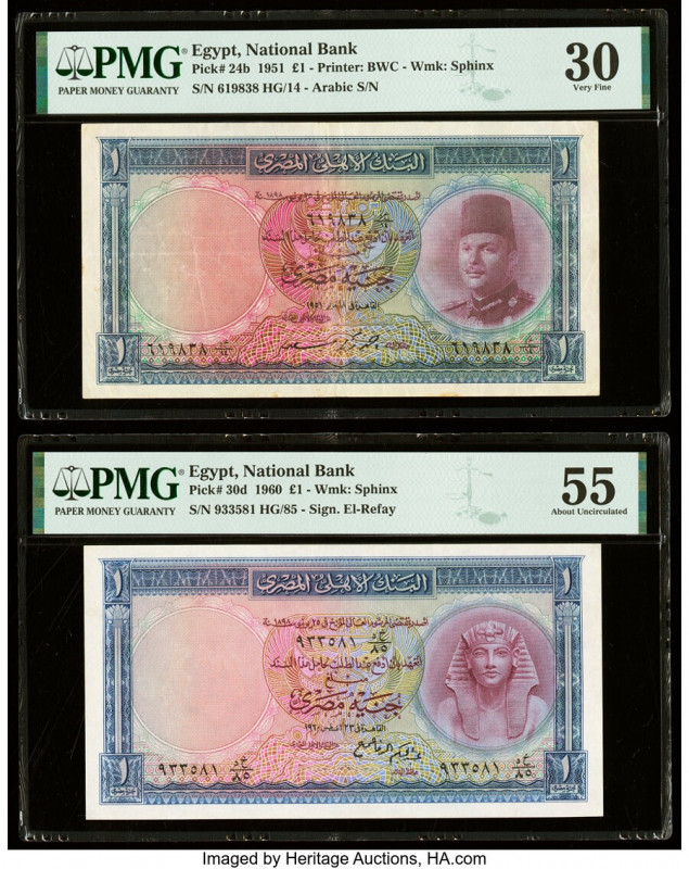 Egypt National Bank of Egypt 1 Pound 1951; 1960 Pick 24b; 30d Two Examples PMG V...