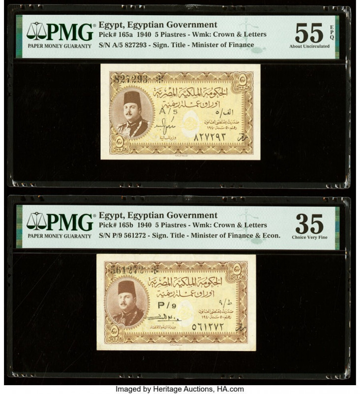 Egypt Egyptian Government 5 Piastres 1940 Pick 165a; 165b Two Examples PMG About...