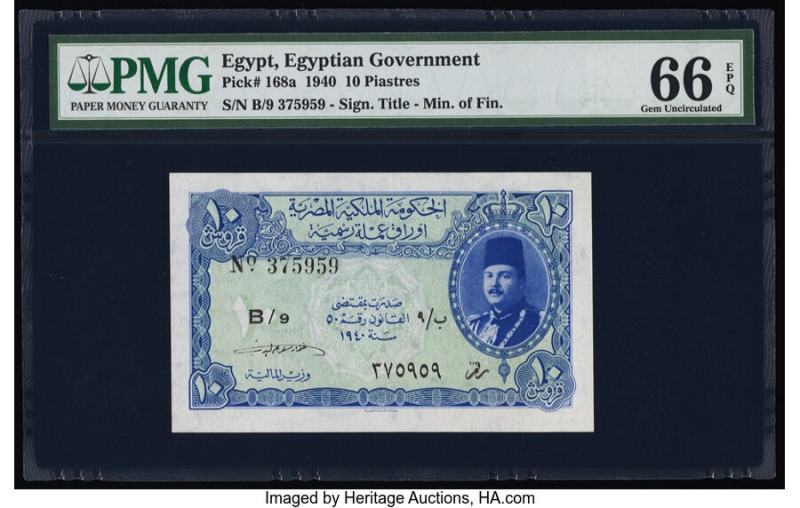 Egypt Egyptian Government 10 Piastres 1940 Pick 168a PMG Gem Uncirculated 66 EPQ...