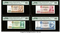Low Serial Number Lot Germany Democratic Republic Staatsbank der DDR 10; 20; 50; 100 Mark (1971-1975) Pick 28as; 29as; 30bs; 31as Four Specimen PMG Ch...