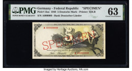 Germany Federal Republic Bank Deutscher Lander 5 Deutsche Mark 9.12.1948 Pick 13as Specimen PMG Choice Uncirculated 63. Muster overprints and pinholes...