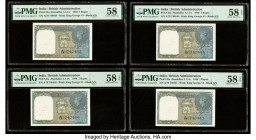 India Government of India 1 Rupee 1940 Pick 25a Jhun4.1.1A Four Consecutive Examples PMG Choice About Unc 58; Choice About Unc 58 EPQ (3). Spindle hol...