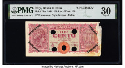 Italy Banco d'Italia 100 Lire 22.9.1944 Pick 75as Specimen PMG Very Fine 30. Previously mounted, paper damage and cancelled with 5 punch holes. 

HID0...