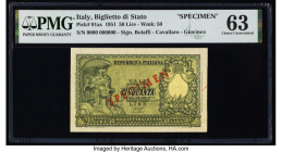 Italy Biglietto Di Stato 50 Lire 1951 Pick 91as Specimen PMG Choice Uncirculated 63. Red Specimen overprints and pinholes are noted.

HID09801242017

...