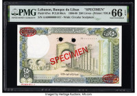 Lebanon Banque du Liban 250 Livres 1986-88 Pick 67es Specimen PMG Gem Uncirculated 66 EPQ. Red Specimen & TDLR overprints and two POCs are present.

H...