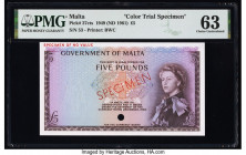 Malta Government of Malta 5 Pounds 1949 (ND 1961) Pick 27cts Color Trial Specimen PMG Choice Uncirculated 63. Red Specimen overprints, previous mounti...