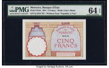 Morocco Banque d'Etat du Maroc 5 Francs 14.11.1941 Pick 23Ab PMG Choice Uncirculated 64 EPQ. 

HID09801242017

© 2022 Heritage Auctions | All Rights R...