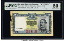 Portugal Banco de Portugal 50 Escudos 28.4.1953 Pick 160s Specimen PMG About Uncirculated 50. Previously mounted, perforation cancelled and piece miss...
