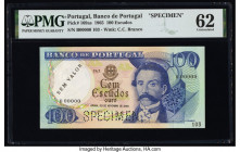 Portugal Banco de Portugal 100 Escudos 30.11.1965 Pick 169as Specimen PMG Uncirculated 62. Previously mounted, a roulette Specimen punch, black Sem Va...