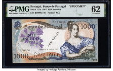 Portugal Banco de Portugal 1000 Escudos 19.5.1967 Pick 172s Specimen PMG Uncirculated 62. Pinholes, Sem Valor overprints and perforation cancelled.

H...