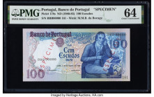 Portugal Banco de Portugal 100 Escudos 2.9.1980 Pick 178s Specimen PMG Choice Uncirculated 64. Red Especimen overprints are present on this example.

...