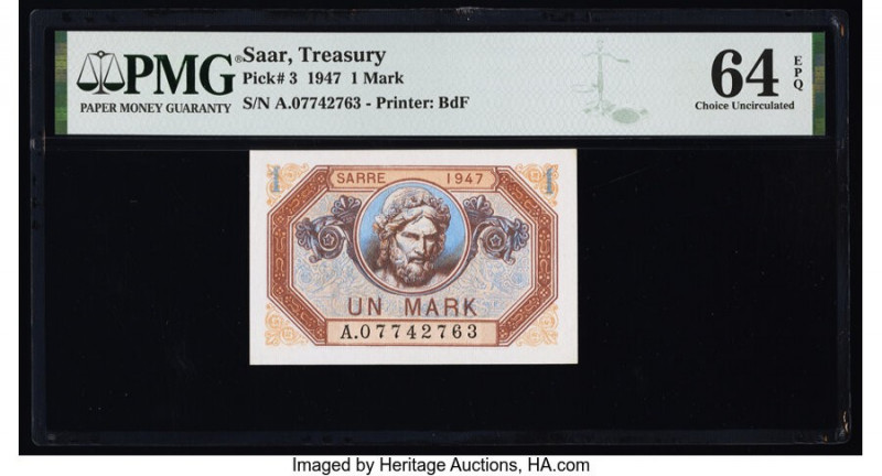 Saar Treasury 1 Mark 1947 Pick 3 PMG Choice Uncirculated 64 EPQ. 

HID0980124201...