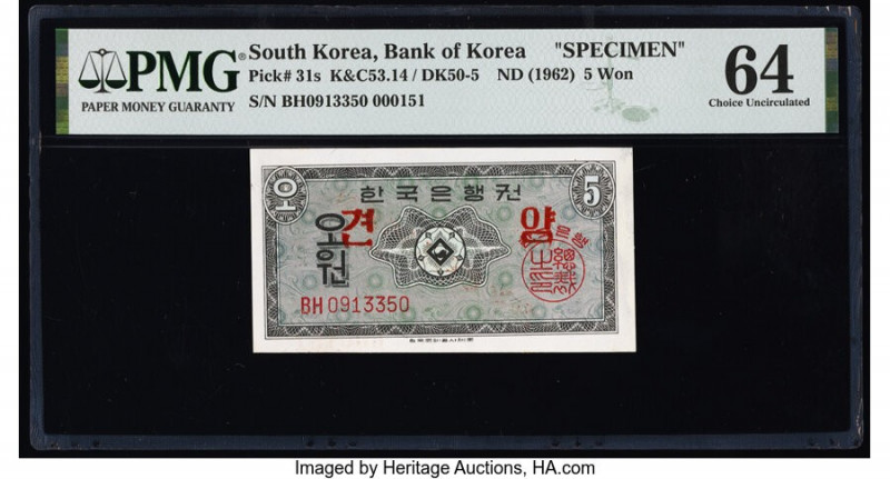 South Korea Bank of Korea 5 Won ND (1962) Pick 31s Specimen PMG Choice Uncircula...