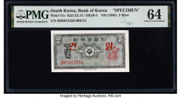South Korea Bank of Korea 5 Won ND (1962) Pick 31s Specimen PMG Choice Uncirculated 64. Red Specimen overprints are present on this example.

HID09801...