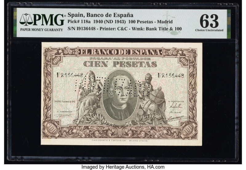 Spain Banco de Espana 100 Pesetas 9.1.1940 (ND 1943) Pick 118a PMG Choice Uncirc...