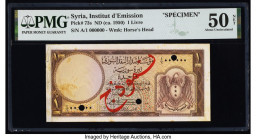 Syria Institut d'Emission de Syrie 1 Livre ND (ca. 1950) Pick 73s Specimen PMG About Uncirculated 50 Net. Cancelled with 3 punch holes, red overprints...