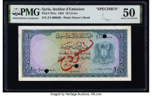 Syria Institut d'Emission de Syrie 10 Livres 1955 Pick 78As Specimen PMG About Uncirculated 50. Cancelled with 3 punch holes, previously mounted, red ...