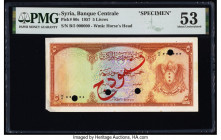 Syria Banque Centrale de Syrie 5 Livres 1957 Pick 80s Specimen PMG About Uncirculated 53. Cancelled with 3 punch holes, previously mounted, red overpr...