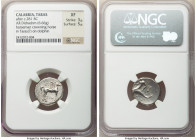CALABRIA. Tarentum. Ca. 281-240 BC. AR stater or didrachm (19mm, 6.66 gm, 1h). NGC XF 3/5 - 5/5. Zeneas, Eu-, and Fi-, magistrates. Nude youth on hors...