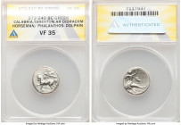 CALABRIA. Tarentum. Ca. 281-240 BC. AR didrachm or stater (19mm, 12h). ANACS VF 35. De-, Sy- and Lykinos, magistrates, ca. 272-240 BC. Nude youth on p...
