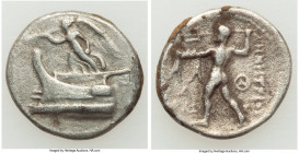 MACEDONIAN KINGDOM. Demetrius I Poliorcetes (306-283 BC). AR drachm (19mm, 3.96 gm, 12h). Choice Fine. Tarsus, ca. 298-295 BC. Nike standing left on p...