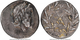 ACHAEAN LEAGUE. Tegea. Ca. 1st century BC. AR hemidrachm (15mm, 2.32 gm, 2h). NGC Choice VF 4/5 - 4/5. Laureate head of Zeus right / Achaean League AX...