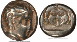 LESBOS. Mytilene. Ca. 454-427 BC. EL sixth-stater or hecte (11mm, 2.53 gm, 9h). NGC VF 5/5 - 4/5. Head of Actaeon right, with wavy hair, stag horn spr...