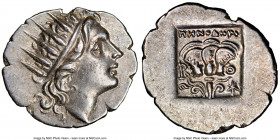 CARIAN ISLANDS. Rhodes. Ca. 88-84 BC. AR drachm (17mm, 2.37 gm, 11h). NGC Choice AU. Plinthophoric standard, Menodorus, magistrate. Radiate head of He...
