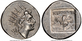 CARIAN ISLANDS. Rhodes. Ca. 88-84 BC. AR drachm (14mm, 1h). NGC AU. Plinthophoric standard, Nicagoras, magistrate. Radiate head of Helios right / NIKA...