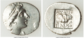 CARIAN ISLANDS. Rhodes. Ca. 88-84 BC. AR drachm (16mm, 2.74 gm, 11h). XF. Plinthophoric standard, Callixei(nos), magistrate. Radiate head of Helios ri...