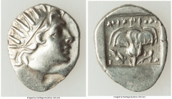 CARIAN ISLANDS. Rhodes. Ca. 88-84 BC. AR drachm (16mm, 2.22 gm, 12h). Choice VF, flan flaw. Plinthophoric standard, Nicephorus, magistrate. Radiate he...