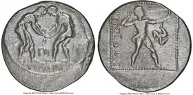 PAMPHYLIA. Aspendus. Ca. 380-250 BC. AR stater (24mm, 11h). NGC VF, brushed. Two wrestlers grappling; FN (N retrograde) between, MENETYΣ EΛYΦA in exer...