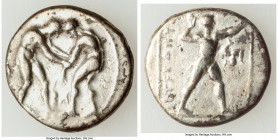 PAMPHYLIA. Aspendus. Ca. 380-325 BC. AR stater (23mm, 10.65 gm, 11h). Choice Fine. Two wrestlers grappling, Bꓥ between, all in dotted circle / EΣTFEΔI...