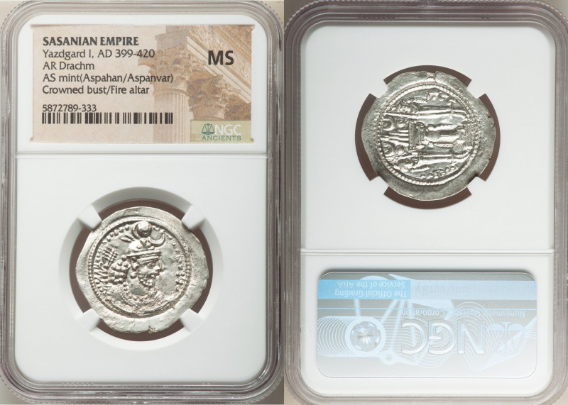 SASANIAN KINGDOM. Yazdgard (Yazdgird) I (AD 399-420). AR drachm (27mm, 3h). NGC ...