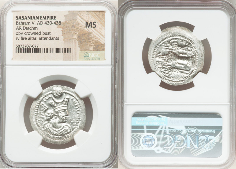 SASANIAN KINGDOM. Bahram V (Vahram) (AD 420-438). AR drachm (27mm, 3h). NGC MS. ...