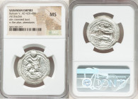 SASANIAN KINGDOM. Bahram V (Vahram) (AD 420-438). AR drachm (27mm, 3h). NGC MS. Bust right, wearing mural crown with korymbos set on crescent / Fire a...
