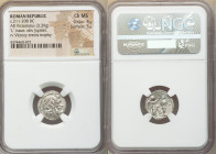 Anonymous. Ca. 211-208 BC. AR victoriatus (17mm, 3.39 gm, 12h). NGC Choice MS 4/5 - 5/5. Luceria. Laureate head of Jupiter right; archaic L (symbol of...