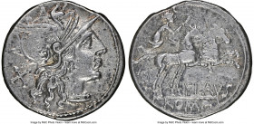 Decimius Flavus (ca. 150 BC). AR denarius (19mm, 3.44 gm, 11h). NGC Choice XF 4/5 - 4/5. Rome. Helmeted head of Roma right, X (mark of value) behind /...