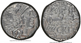 C. Renius (138 BC). AR denarius (16mm, 3.88 gm, 2h). NGC Choice XF 3/5 - 4/5. Rome. Head of Roma right, wearing winged helmet decorated with griffin c...