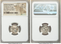 M. Marcius Mn.f. (ca. 134 BC). AR denarius (18mm, 3.94 gm, 2h). NGC MS 5/5 - 4/5. Rome. Helmeted head of Roma right, X (mark of value) behind / FLAVS,...